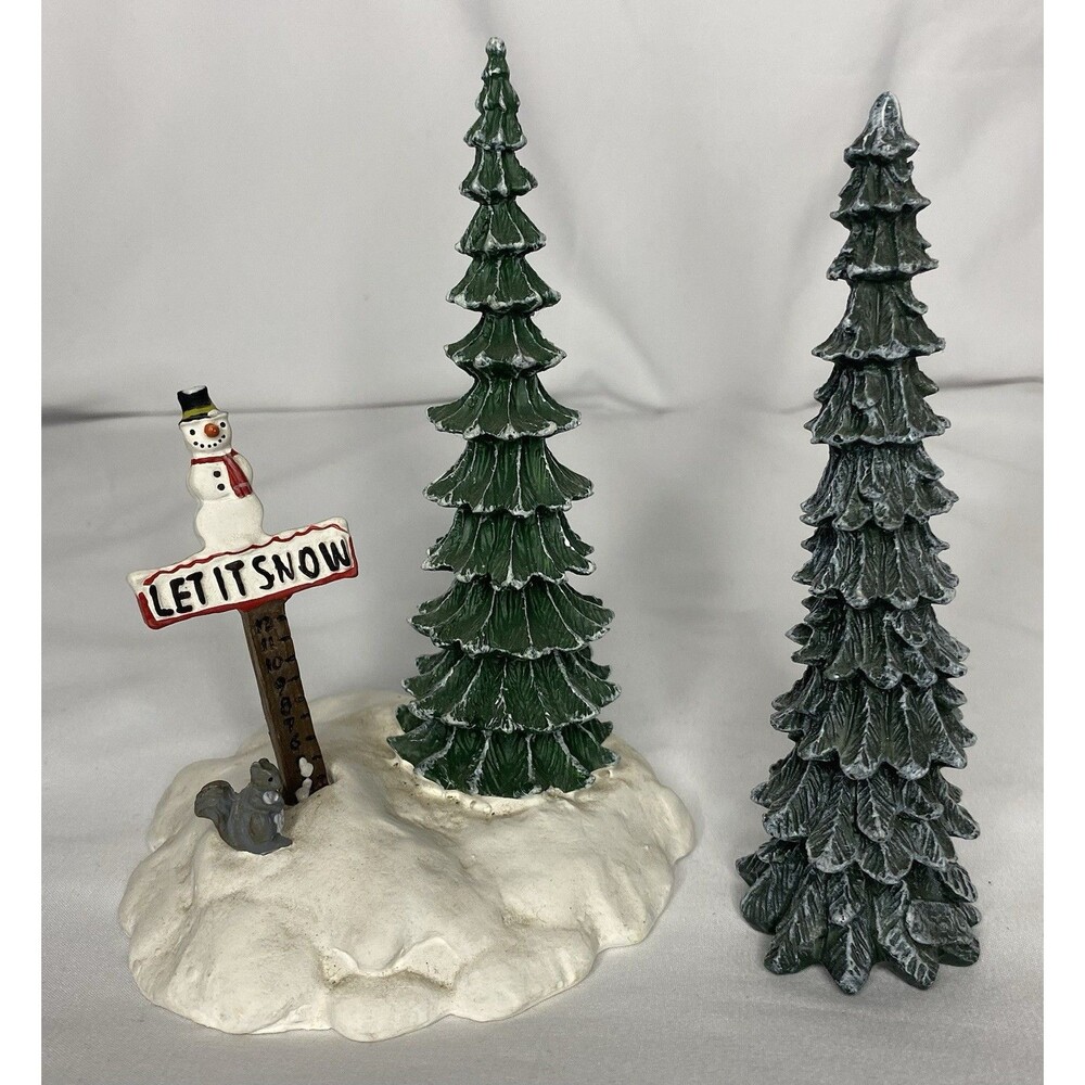 Dept 56 Let It Snow Snowman Sign Village Accessory Figurine 52594 w/ Extra Tree